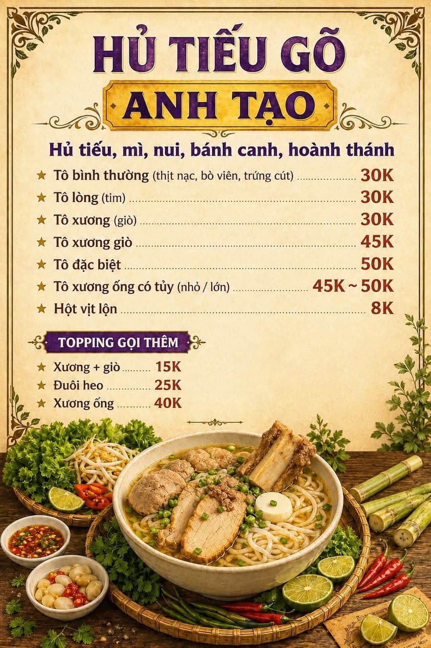 Hủ tíu gõ bán từ 17h-01h tại Vinhomes Grand Park, đa dạng món như hủ tíu, mì, nui, bánh canh, hoành thánh, ship tận nơi, liên hệ 0867594001. - 1/4