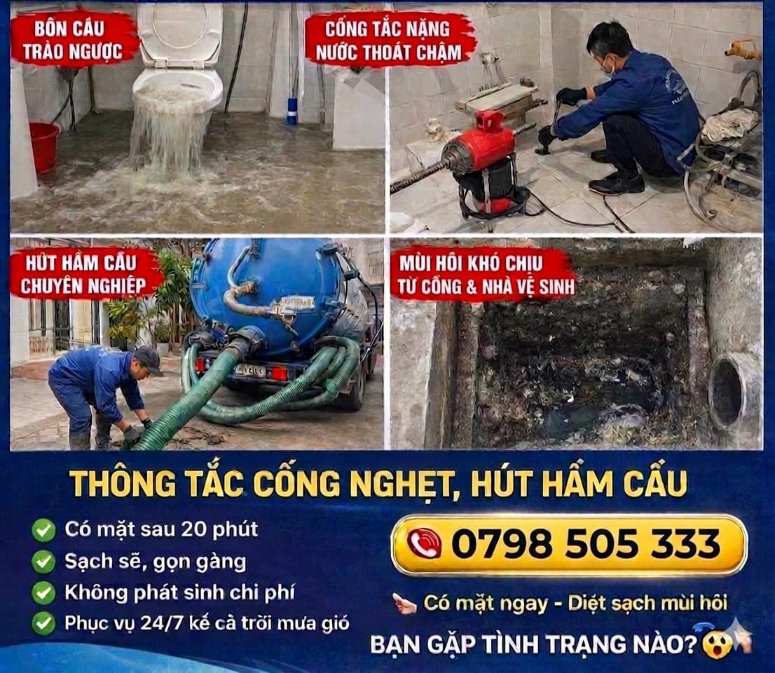 Dịch vụ thông cống, hút hầm cầu, chống thấm, bảo dưỡng ống nước, thợ lành nghề, thiết bị hiện đại, tư vấn miễn phí, giá cả minh bạch. - 1/1