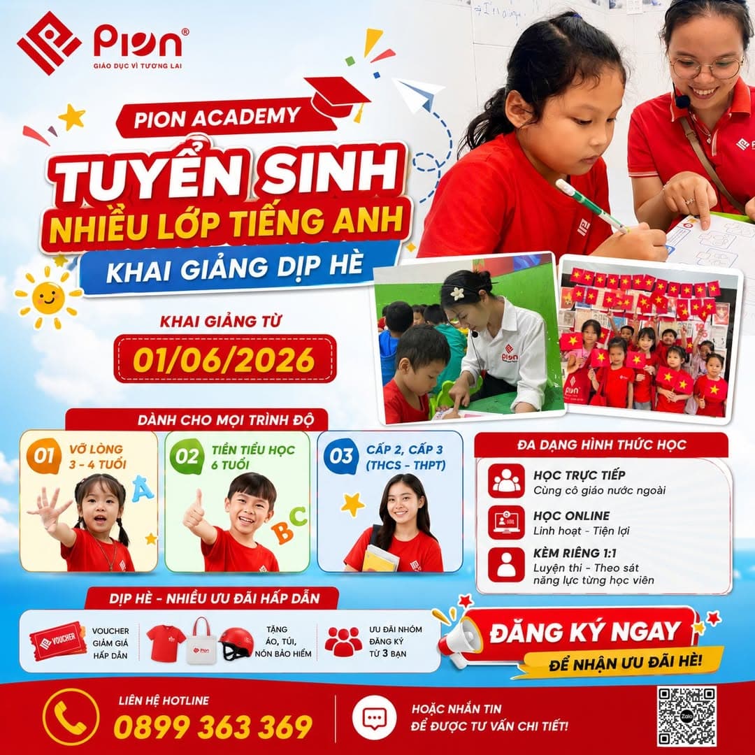 Pion Academy tuyển sinh lớp tiếng Anh hè 2026 cho nhiều độ tuổi, học cùng giáo viên nước ngoài, có lớp online và kèm riêng tại Vinhomes Grand Park. - 1/1