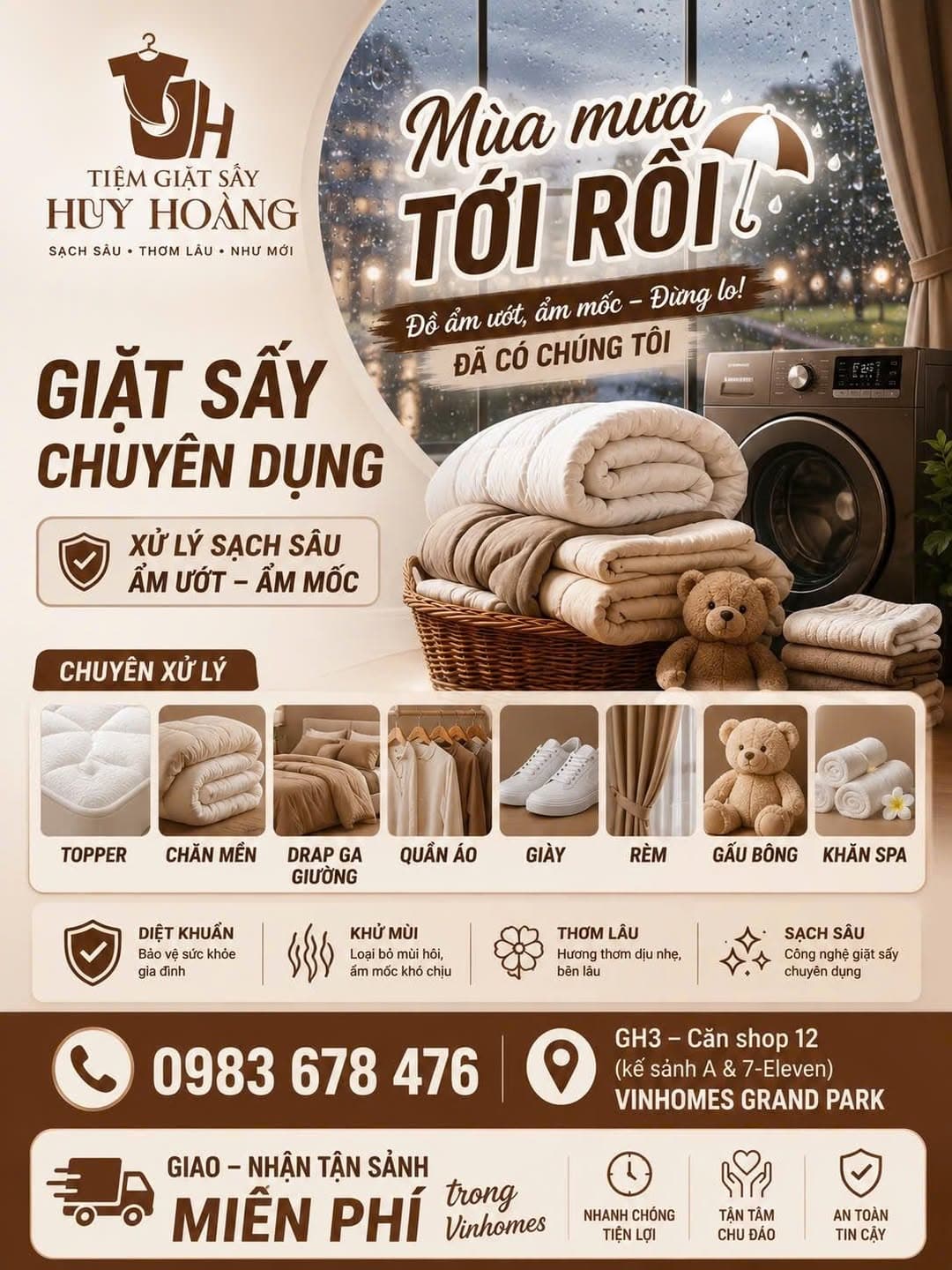 Tiệm Giặt Sấy Huy Hoàng nhận giặt sấy và vệ sinh giày, giao nhận tận sảnh miễn phí tại Vinhomes Grand Park. Ưu đãi giặt sấy 8 tặng 1, vệ sinh giày 6 tặng 1. - 1/1