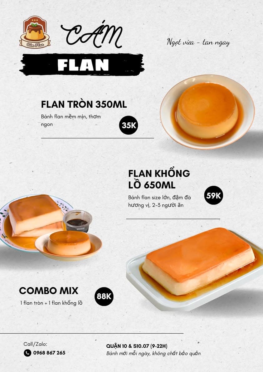 Flan nhà làm siêu to, mềm mịn béo thơm, caramel hấp dẫn. Menu: flan tròn 350ml, flan khổng lồ 650ml, combo, tặng cà phê cho mỗi đơn. Làm mới mỗi ngày. - 1/5