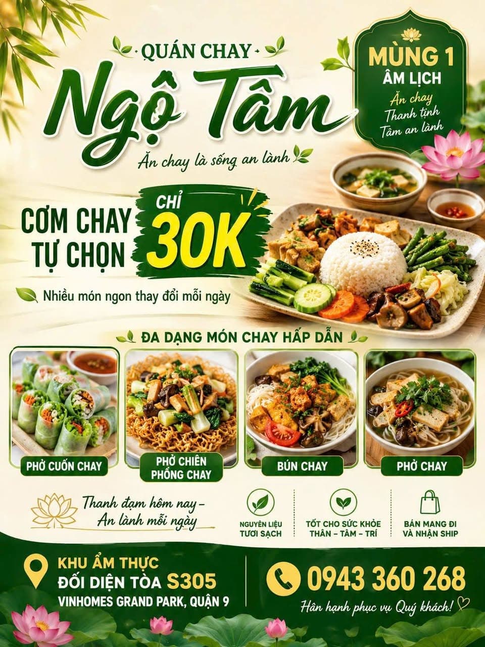 Quán chay Ngộ Tâm phục vụ cơm chay tự chọn chỉ 30K, nhiều món chay như phở, bún, phở cuốn, có bán mang đi và nhận ship tại Vinhomes Grand Park, Quận 9. - 1/5
