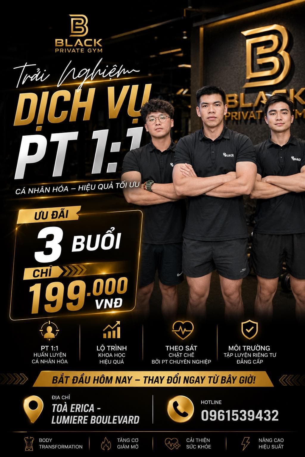 Ưu đãi 199K cho 3 buổi tập PT 1:1 tại Black Private Gym, không gian riêng tư, huấn luyện viên theo sát, hỗ trợ dinh dưỡng tại Vinhomes Grand Park. - 1/1