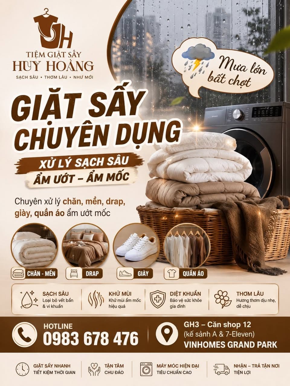 Tiệm Giặt Sấy Huy Hoàng chuyên giặt sấy, vệ sinh giày, xử lý chăn mền, quần áo ẩm mốc. Giao nhận tận sảnh miễn phí tại Vinhomes Grand Park. - 1/2