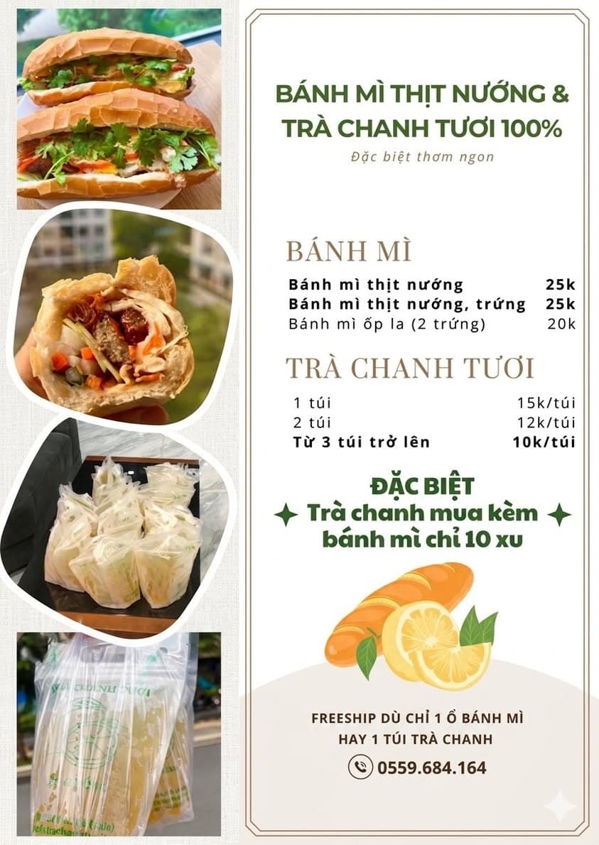 Bán bánh mì thịt nướng đầy topping và trà chanh tươi mát lạnh, nhận ship siêu tốc cho bữa sáng ngon miệng. - 1/4