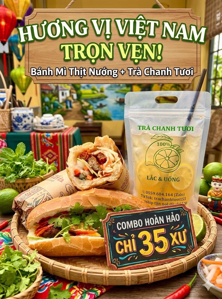 Bán bánh mì thịt nướng đầy topping và trà chanh tươi mát lạnh, nhận ship siêu tốc cho bữa sáng ngon miệng. - 2/4