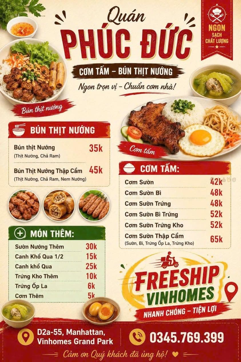 Bán cơm tấm, bún thịt nướng, món thêm, giao tận nơi, freeship từ 1 phần tại Vinhomes Grand Park. Giá từ 35k. Mở cửa 06:00–21:00. Liên hệ 0345 769 399. - 3/4