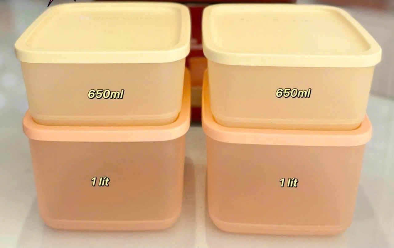 Bộ hộp vuông Tupperware chính hãng, gồm 2 hộp 1L cam và 2 hộp 650ml vàng, thích hợp đựng bánh kẹo, hạt khô, trái cây, chanh ớt. Số lượng có hạn, inbox để đặt hàng. - 1/4