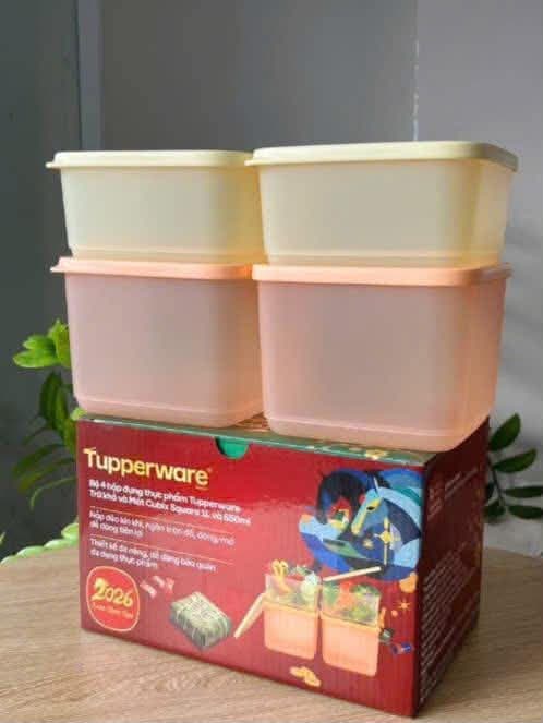 Bộ hộp vuông Tupperware chính hãng, gồm 2 hộp 1L cam và 2 hộp 650ml vàng, thích hợp đựng bánh kẹo, hạt khô, trái cây, chanh ớt. Số lượng có hạn, inbox để đặt hàng. - 4/4