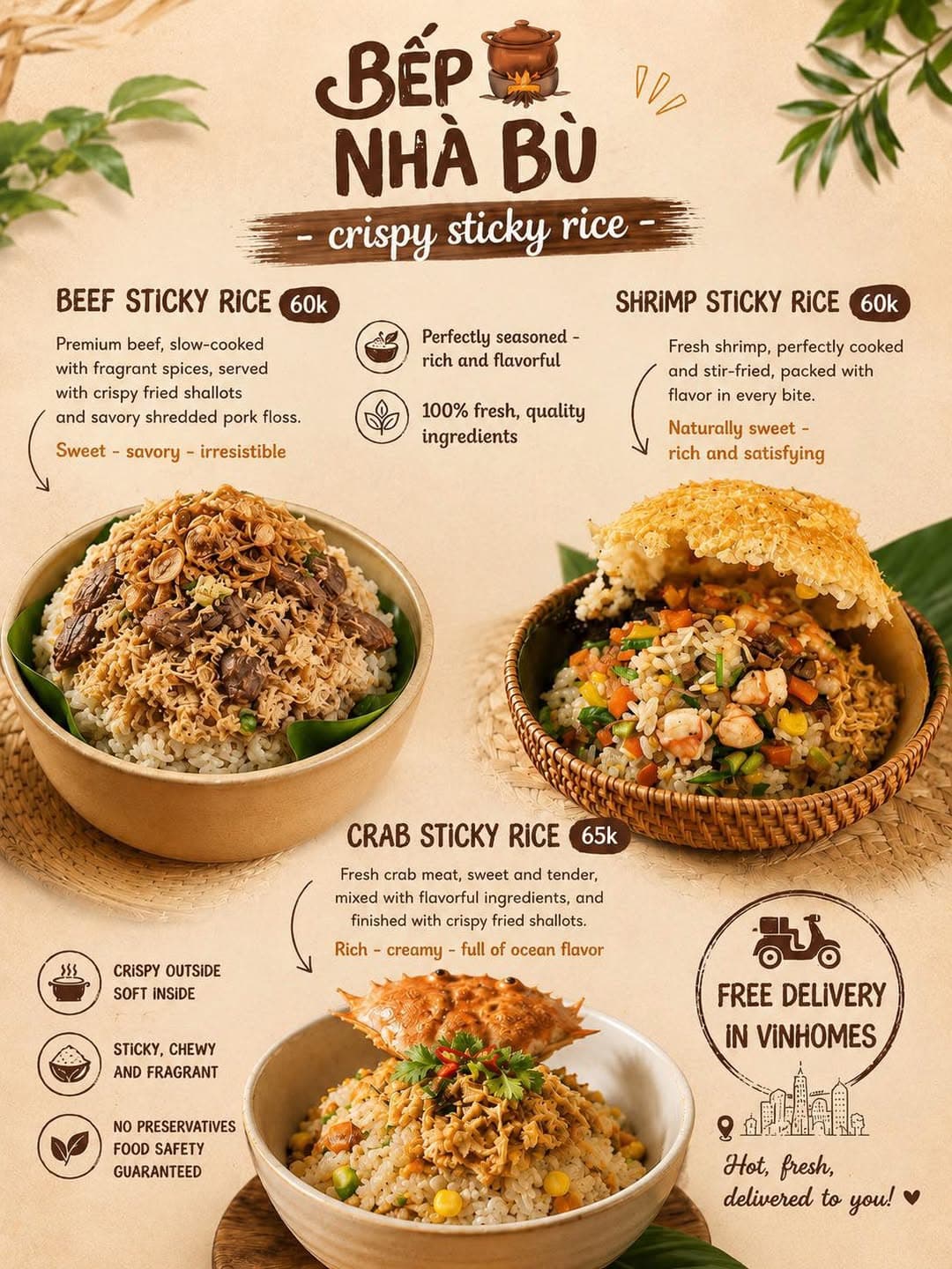 Bếp Nhà Bù bán combo xôi cua, xôi tôm, xôi bồ câu, nhiều kích cỡ, giao hàng miễn phí khu vực cho đơn từ 50K. Đặt trước để nhận bữa sáng nóng hổi. - 1/1