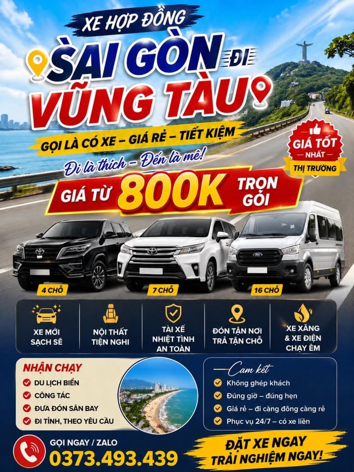 Dịch vụ xe hợp đồng 4, 7 chỗ đi Sài Gòn, Miền Tây, Vũng Tàu, Sân Bay. Xe đời mới, tài xế nhiệt tình, nhận xe sau 30 phút. Liên hệ: 0373.493.439. - 1/4