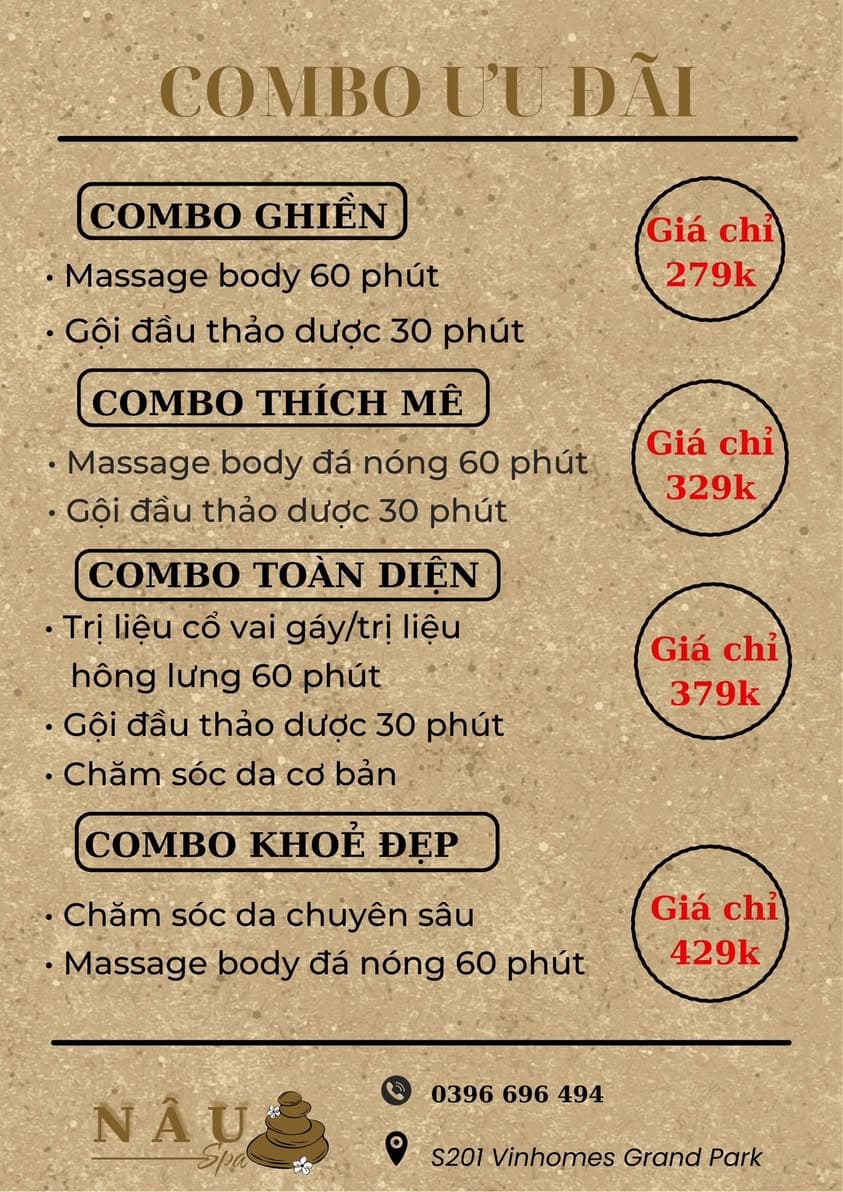 Combo massage body, gội đầu thảo dược, chăm sóc da, trị liệu cổ vai gáy tại Nâu Spa VinHomes Grandpark, giá chỉ từ 279K. Đặt lịch qua 0396.696.494. - 1/5
