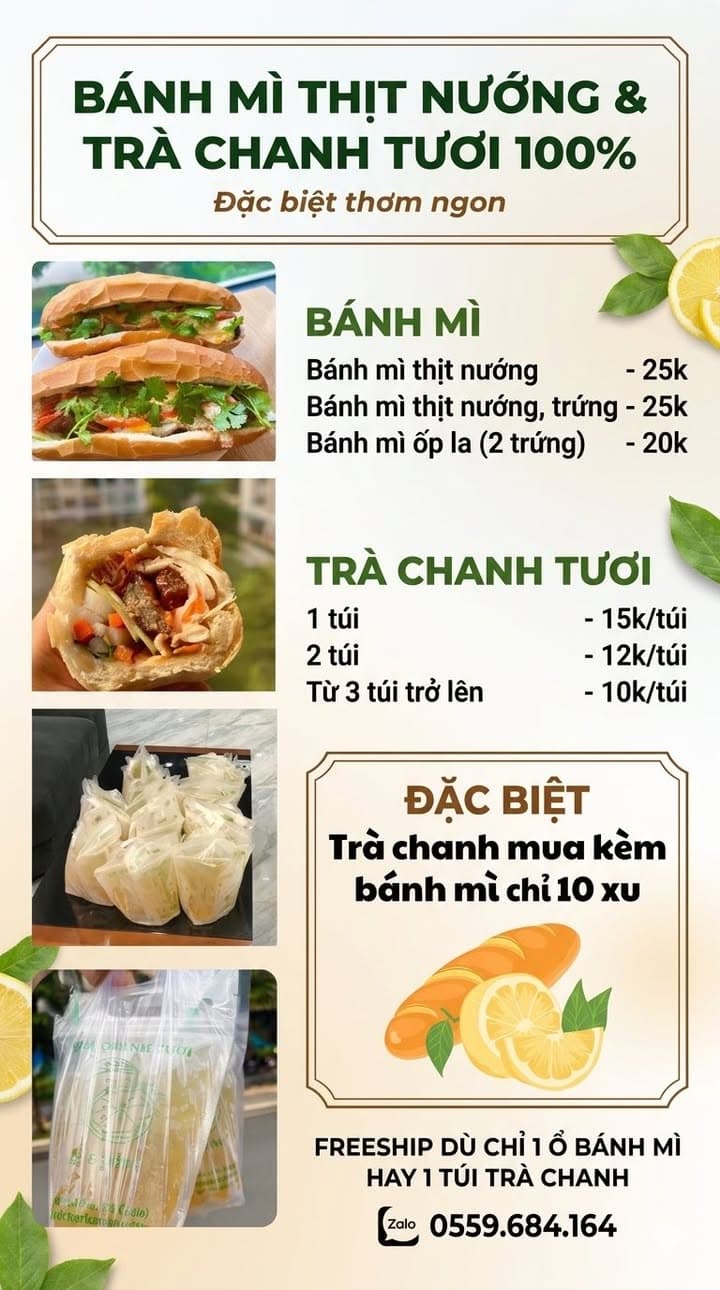 Combo sáng gồm bánh mì đầy topping và ly trà chanh tươi mát, giúp bạn khởi đầu ngày làm việc đầy năng lượng. - 1/4