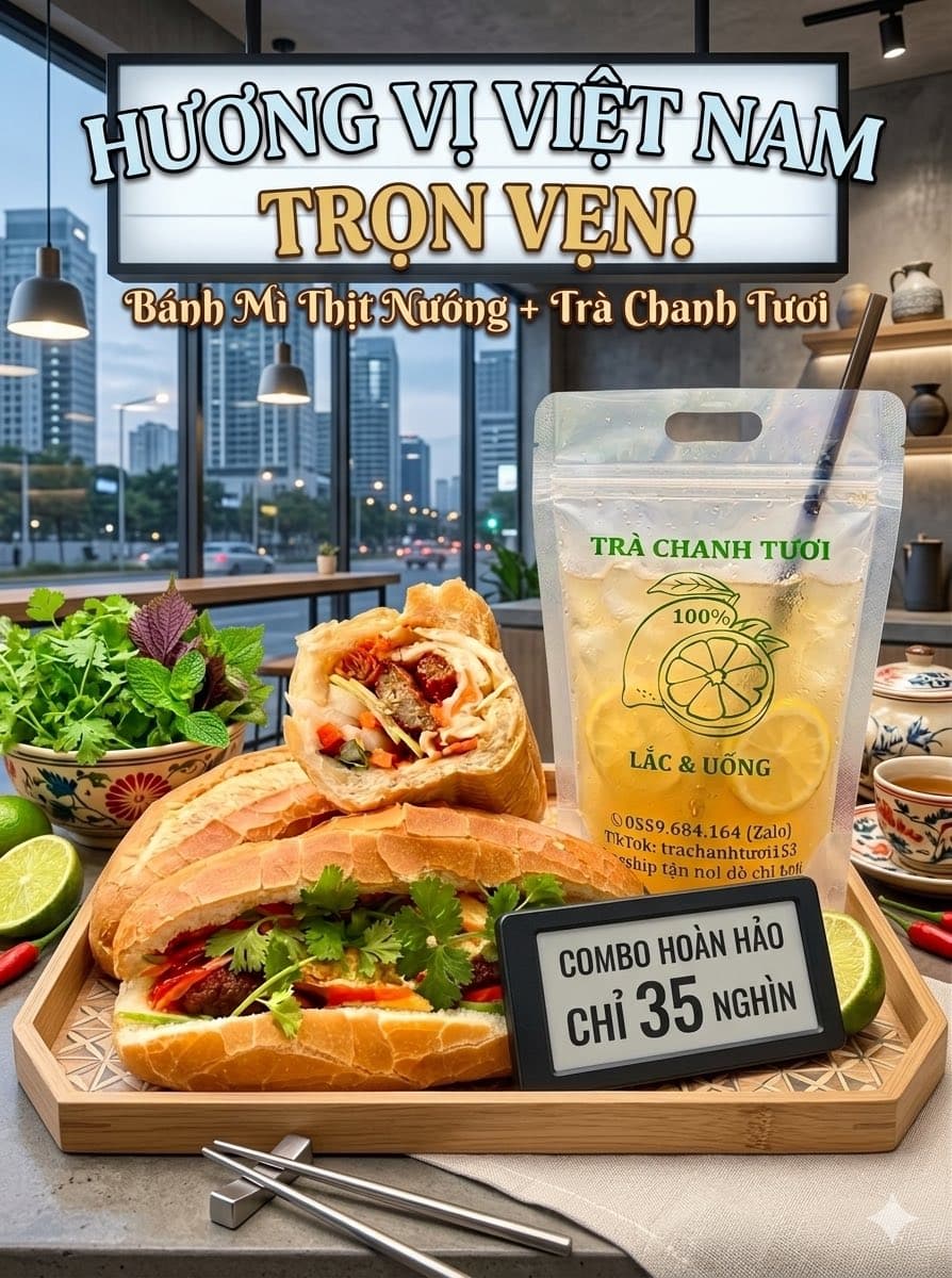 Combo sáng gồm bánh mì đầy topping và ly trà chanh tươi mát, giúp bạn khởi đầu ngày làm việc đầy năng lượng. - 2/4
