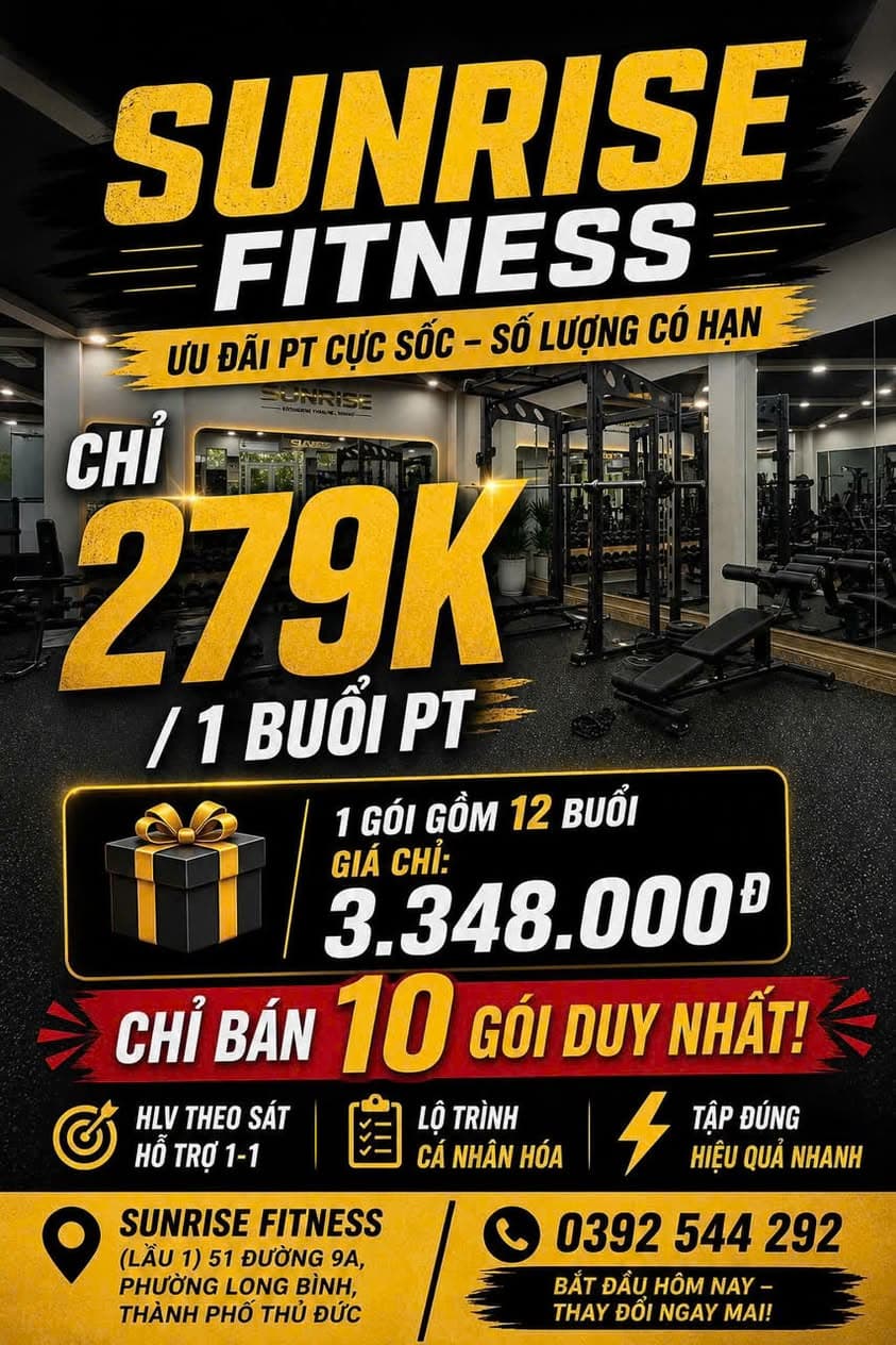 SUNRISE FITNESS gần Vinhomes Grand Park: tập gym, boxing, stretching, xông hơi, HLV cá nhân, ưu đãi chỉ từ 399K/tháng, tặng buổi tập miễn phí. - 1/5