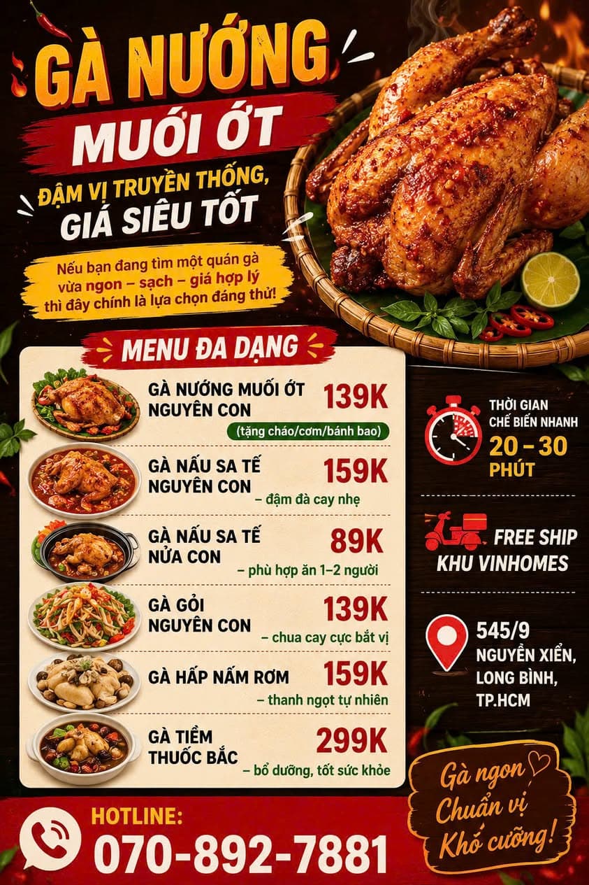 Gà nướng muối ớt, gà hấp nấm rơm, gà tiềm thuốc bắc, giao tận nơi, free ship khu Vinhomes. Giá từ 139K. Đặt món nóng hổi, tặng kèm cháo/cơm/bánh bao. - 1/5