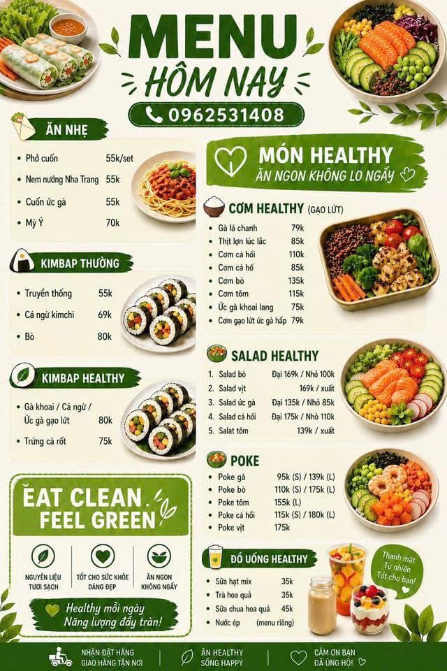 Đồ ăn healthy nhà làm: mỳ Ý, kimbap, cơm gạo lứt, salad, poke, đồ uống. Chế biến trong ngày, giao tận nơi khu vực Mỹ Đình. Giá từ 30k. Liên hệ 0962531408. - 2/5
