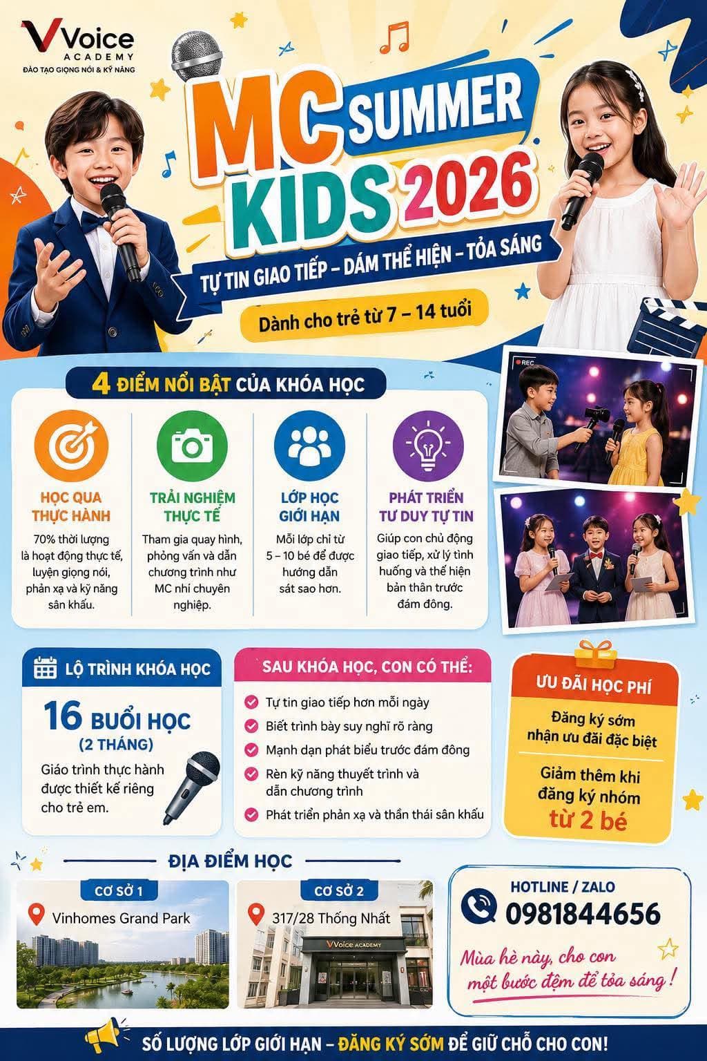 Khóa học MC Summer Kids 2026 giúp bé 7–14 tuổi tự tin giao tiếp, dẫn chương trình, học qua trải nghiệm thực tế tại VVoice Academy, Vinhomes Grand Park & Thống Nhất. - 1/1