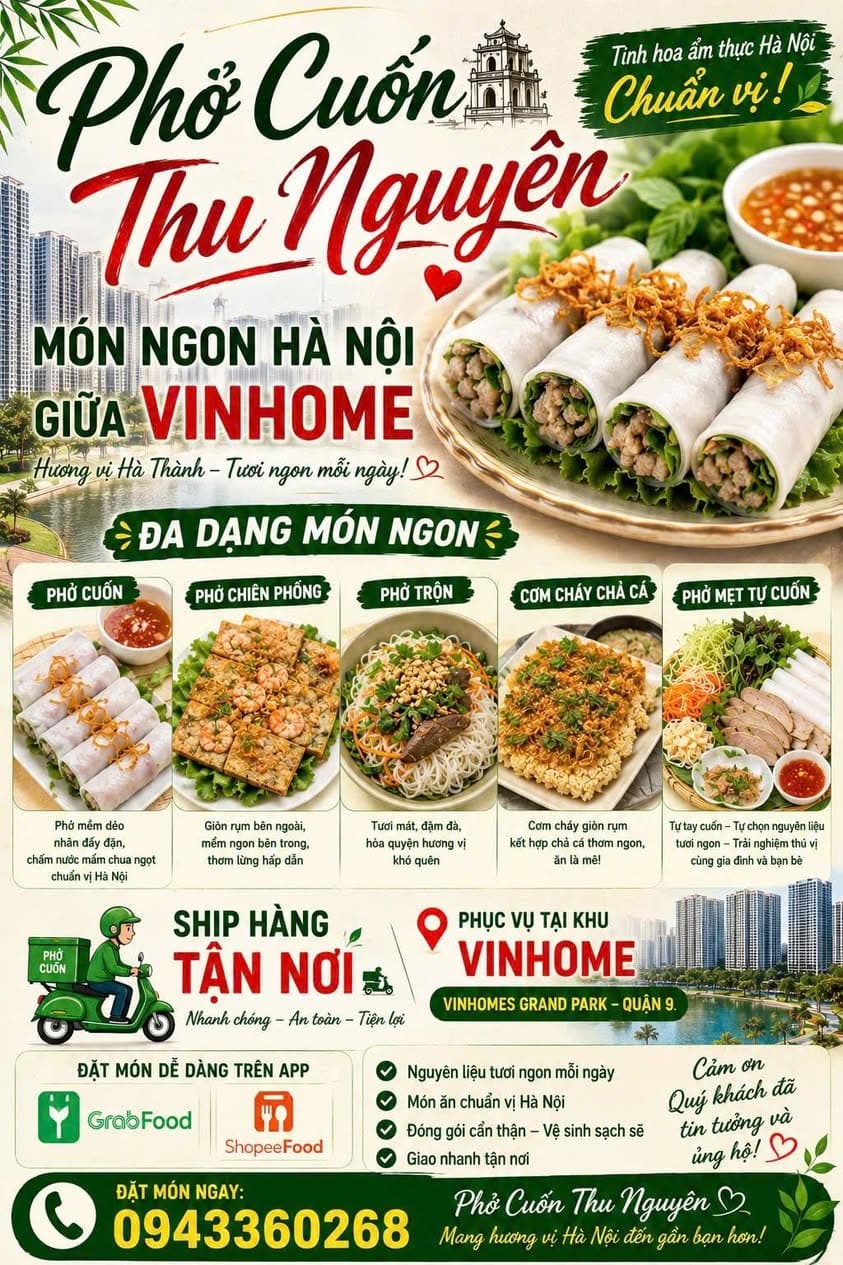 Phở Cuốn Thu Nguyên bán các món phở cuốn, phở chiên phồng, phở trộn, cơm cháy chả cá chuẩn vị Hà Nội, giao hàng nội khu Vinhomes Grand Park. - 1/5