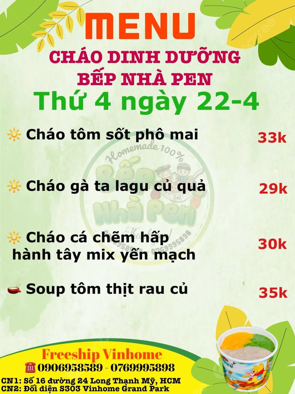 Nhà Pen bán cháo dinh dưỡng cho bé, nguyên liệu tươi ngon, menu đa dạng, nấu mới mỗi ngày. Freeship Vinhome. Liên hệ: 0906958589. - 1/2