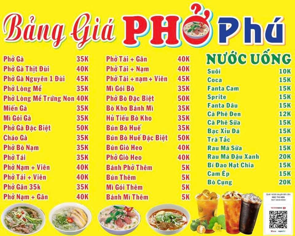 Phở và các loại nước uống (trà tắc, trà đào, cà phê, rau má) tại 91 Phước Thiện, free ship vào Vin. Giá từ 12k-20k. Đặt hàng qua SĐT/Zalo. - 1/5