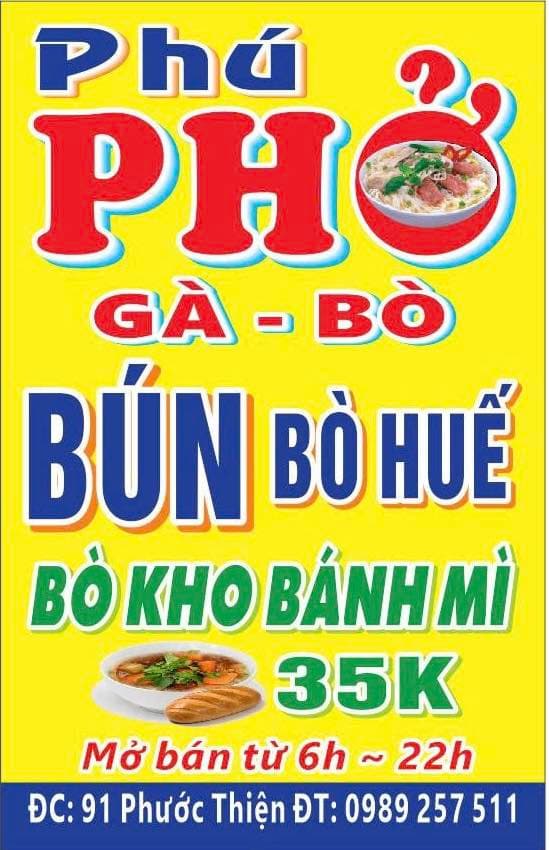 Phở và các loại nước uống (trà tắc, trà đào, cà phê, rau má) tại 91 Phước Thiện, free ship vào Vin. Giá từ 12k-20k. Đặt hàng qua SĐT/Zalo. - 2/5