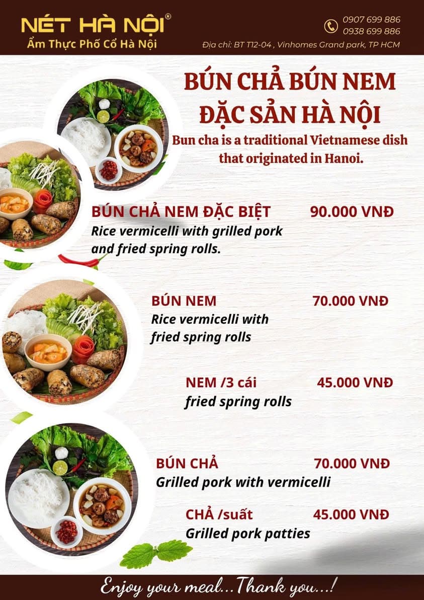 Phở Thìn - Nét Hà Nội phục vụ bún chả, phở bò, phở gà, bún thang, bánh tôm, bánh gối, cơm chiên, phở xào chuẩn vị Bắc. Mở cửa 6h30-21h30. Hotline: 090 769 988. - 2/5