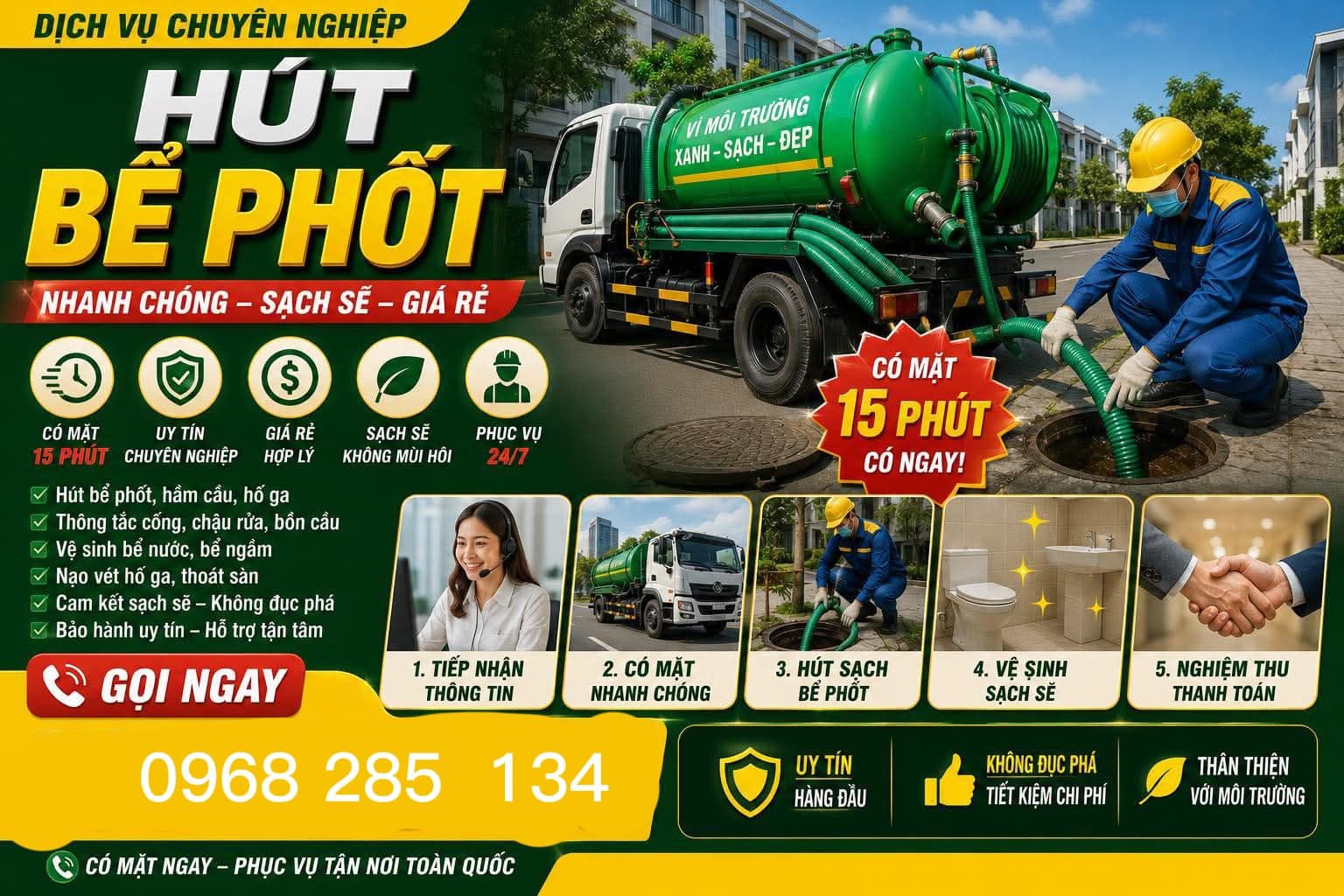 Dịch vụ hút hầm cầu, thông cống nghẹt, thông tắc bồn cầu, khử mùi toilet uy tín, phục vụ nhanh chóng tại địa phương. - 1/1