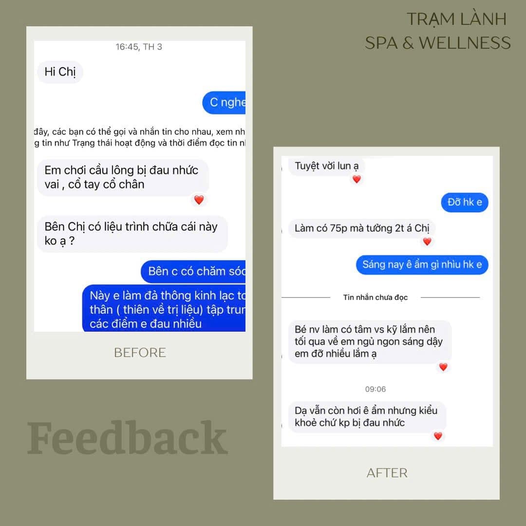 Trạm Lành cung cấp liệu trình massage 75 phút khai thông kinh lạc, giảm đau, kết hợp cạo gió, giác hơi, đắp cao ngải cứu. Giá trải nghiệm 449K tại Vinhomes Grand Park. - 4/4